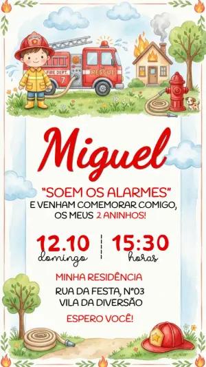Convite de Aniversário Bombeiro Aquarela para Editar Online