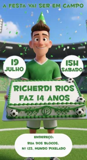 Convite de Aniversário Futebol com Personagem 3D para Editar