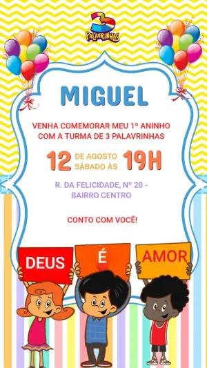 Convite de Aniversário 3 Palavrinhas Colorido para Editar