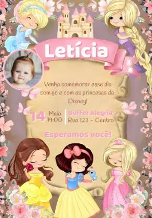 Convite Editável Aniversário Princesas Cute com Foto