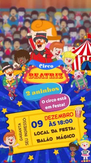 Convite Animado Aniversário Circo com Personagens para Editar