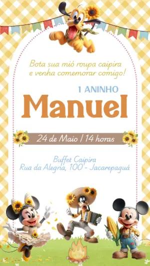 Convite Festa Junina Turma do Mickey Editável para Aniversário