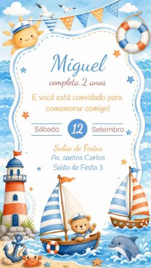 Convite de Aniversário Marinheiro com Ursinho Editável