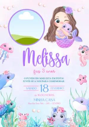 Convite de Aniversário Sereia Aquarela com Foto Editável