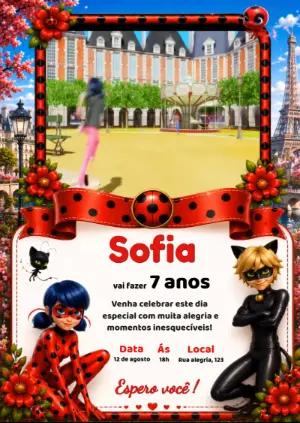 Convite Animado de Aniversário Ladybug e Cat Noir para Editar