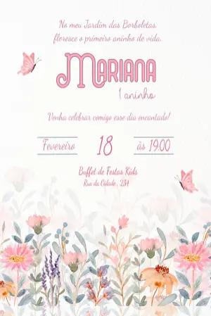 Convite de Aniversário Jardim das Borboletas Floral para Editar