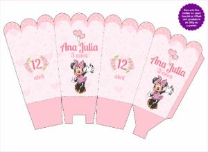 Caixa Pipoca Festa Minnie Mouse Rosa para Editar Online