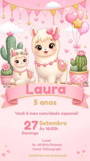Convite de Aniversário Lhama Rosa Editável para Menina