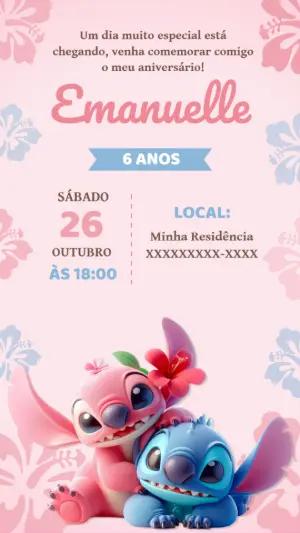 Convite de Aniversário Stitch e Angel para Editar Online