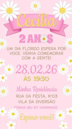 Convite de Aniversário Infantil Tema Margaridas Editável