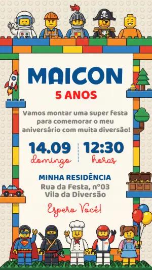 Convite de Aniversário Blocos de Montar Colorido para Editar