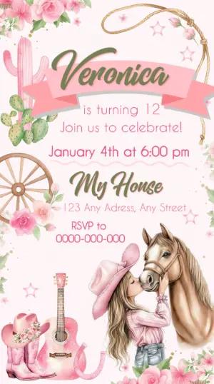 Pink Cowgirl Horse Birthday Invitation | Editable Template
