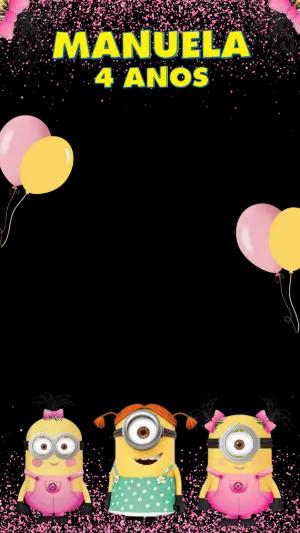 Moldura de Aniversário Minions Menina Rosa para Editar