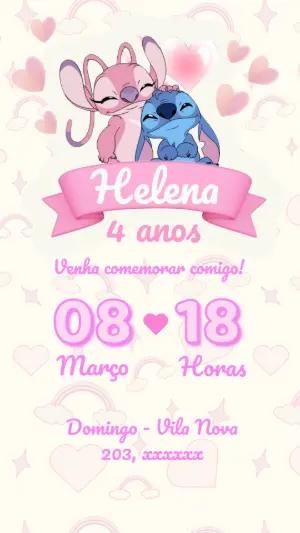 Convite de Aniversário Stitch e Angel Rosa para Editar