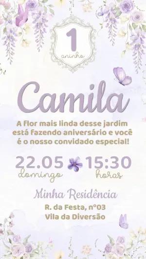Convite de Aniversário Jardim Lilás com Borboletas Editável