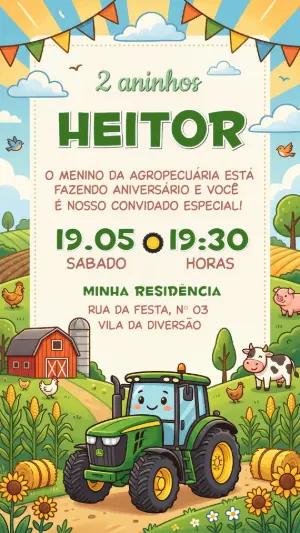 Convite de Aniversário Infantil Fazendinha com Trator Editável