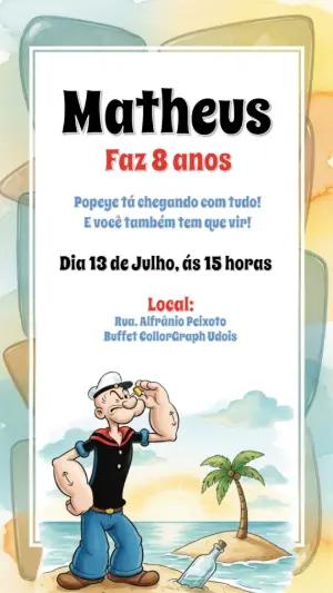 Convite de Aniversário Popeye para Editar e Enviar Online