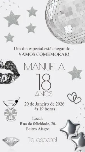 Convite Aniversário Disco Glam com Brilho Prata para Editar
