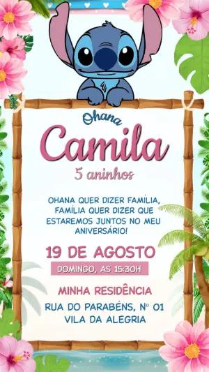 Convite de Aniversário Lilo e Stitch Editável Tema Tropical