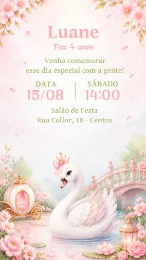 Convite de Aniversário Cisne Princesa Rosa Editável