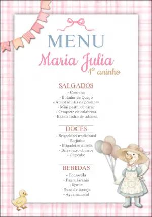 Menu de Aniversário Gansinha Fofa Aquarela para Editar