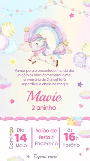 Convite de Aniversário Unicórnio Mágico em Aquarela para Editar
