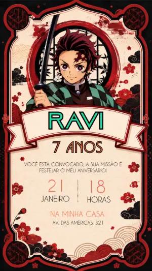 Convite de Aniversário Zenitsu Demon Slayer Editável