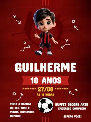 Convite de Aniversário Futebol Vermelho e Preto 3D Editável