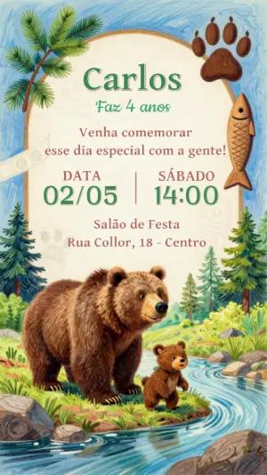 Convite de Aniversário Urso na Floresta Editável