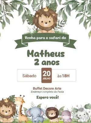 Convite de Aniversário Safari com Animais Fofos para Editar