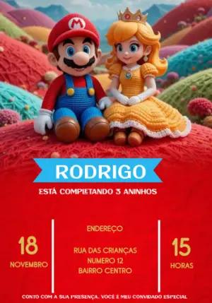 Convite Aniversário Mario e Peach Amigurumi para Editar Online