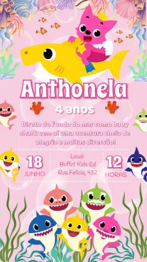 Convite Aniversário Baby Shark Rosa Editável Online