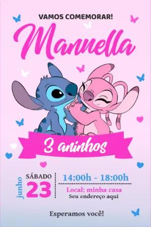 Convite Aniversário Stitch e Angel Rosa para Editar Online