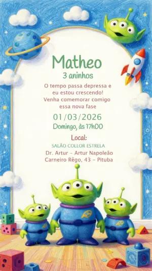 Convite Aniversário Toy Story Aliens Ilustrado para Editar