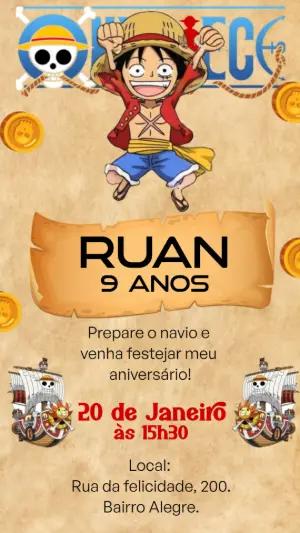 Convite Animado Aniversário One Piece com Luffy para Editar