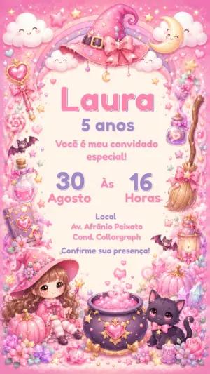 Convite de Aniversário Bruxinha Fofa Rosa para Editar