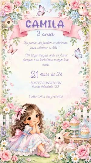 Convite de Aniversário Jardim Encantado Lilás Editável