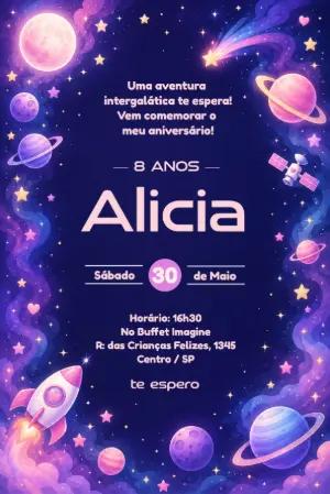Convite de Aniversário Galáxia Rosa para Editar e Enviar