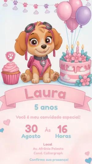 Convite Digital Aniversário Skye Patrulha Canina Rosa Editável