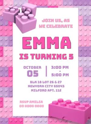 Editable Pink Building Blocks Birthday Invitation