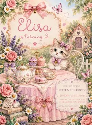 Adorable Kitten Tea Party Birthday Invitation | Editable Template