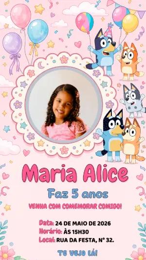 Convite de Aniversário Bluey Rosa com Foto para Editar