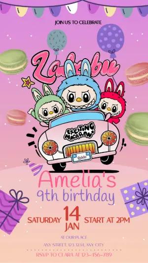 Cute Labubu Macaron Party Invitation for Kids | Digital Template