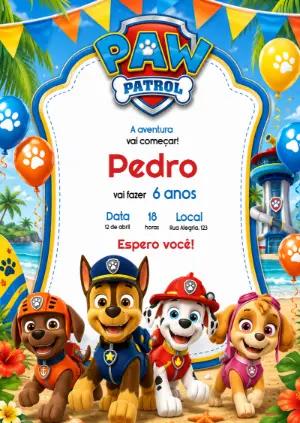 Convite de Aniversário Patrulha Canina Praia Editável
