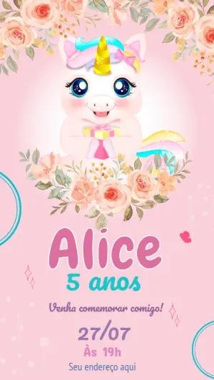 Convite de Aniversário Unicórnio Fofo para Editar Online