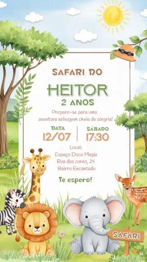 Convite Aniversário Safari Baby com Animais para Editar Online