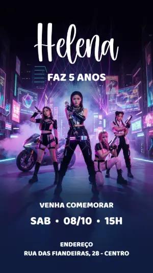 Convite de Aniversário K-pop Cyberpunk para Editar