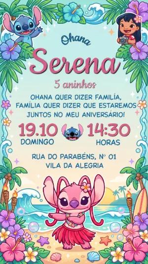 Convite de Aniversário Lilo & Stitch Tropical Editável