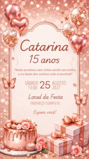 Convite Digital 15 Anos Elegante Rose Gold Editável