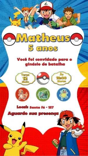 Convite de Aniversário Pokémon Editável com Ash e Pikachu